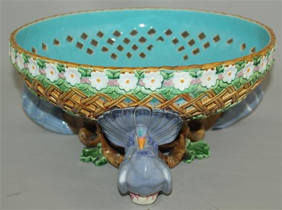 A Minton majolica pierced dove bowl, date code for 1870, 32cm diam, restorations